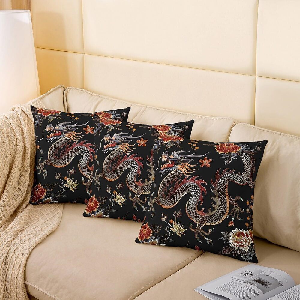 1151 Set of 4 Dragon Throw Pillow Covers,Traditional Exotic Dragon Print - Picture 5 of 7